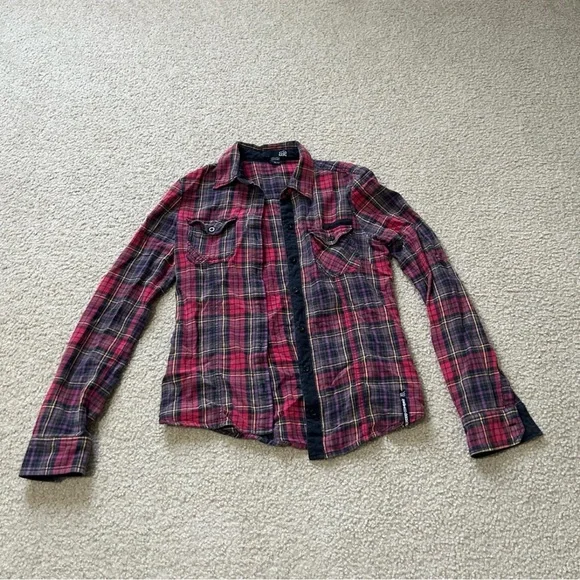FOX button down plaid flannel shirt red & black M medium - Picture 3 of 9